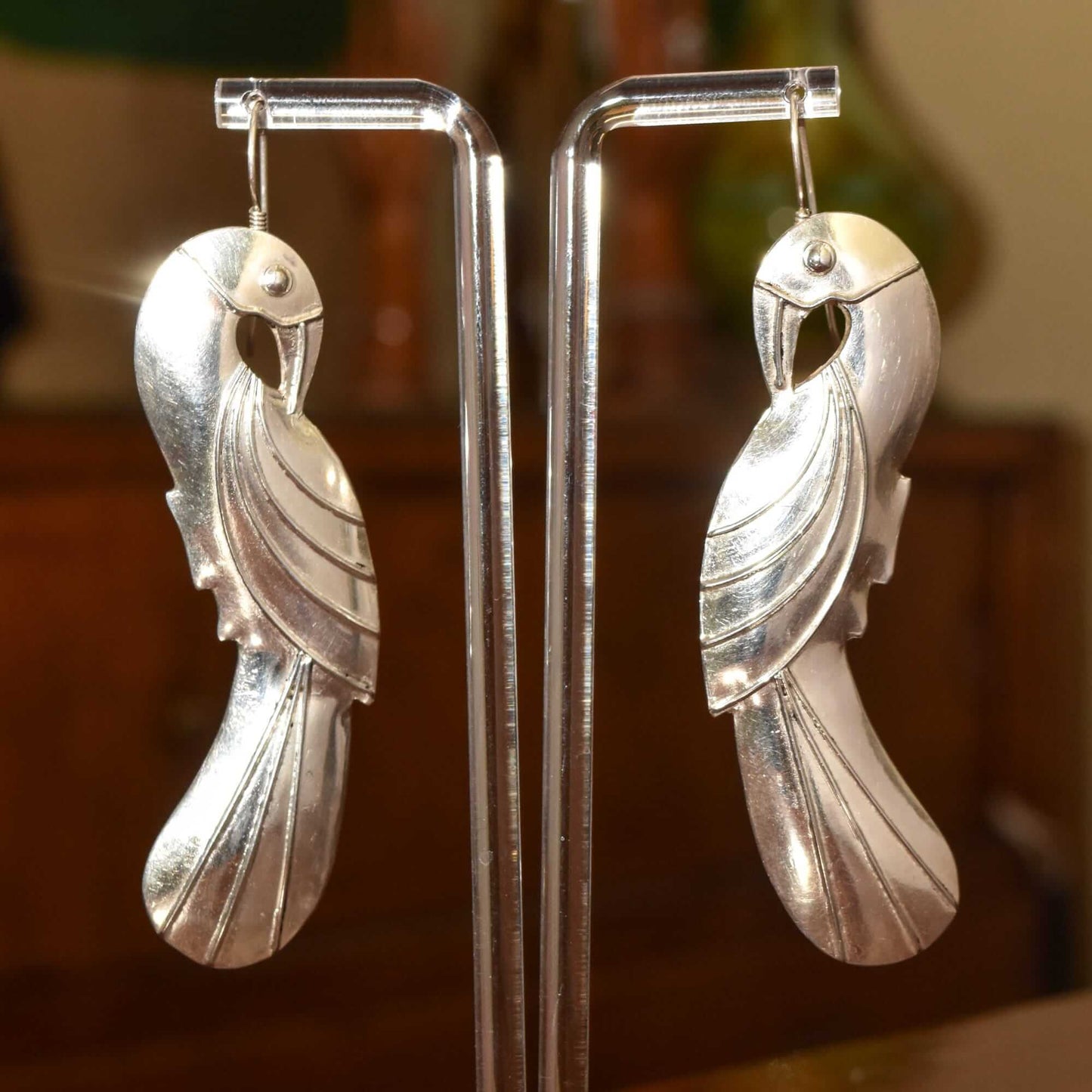 Eclectic Sterling Silver Parrot Dangle Earrings, Long Silver Earrings, Valentines Day Gift, 3.5" L