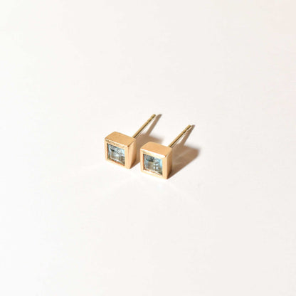 14K Blue Topaz Square Stud Earrings In Yellow Gold, Cute Small Gemstone Earrings, Valentines Day Gift
