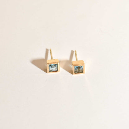 14K Blue Topaz Square Stud Earrings In Yellow Gold, Cute Small Gemstone Earrings, Valentines Day Gift