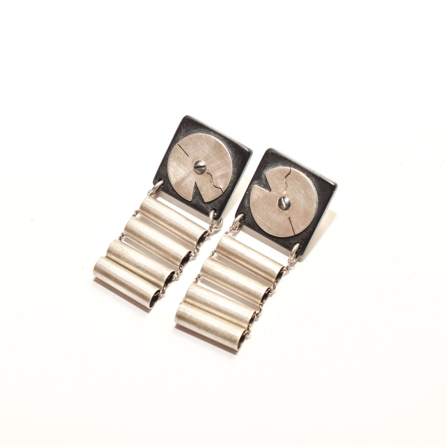 Abstract Modernist Ladder Earrings, Black Composite & Silver Pierced Dangle Earrings, 47.5mm