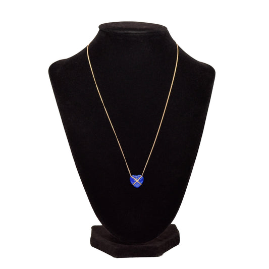 14K gold Tiffany & Co. heart cross pendant with lapis lazuli on minimalist necklace displayed on black bust, 18 inches long