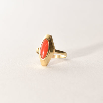 Estate 18K Yellow Gold Ring featuring Marquise Red Coral, Ring Size 5.25 US on a white background.