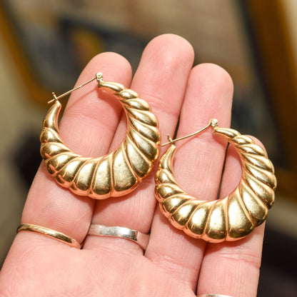 14K gold MCM puffed scallop hoop earrings medium sized held in hand showcasing estate jewelry 36mm yellow gold hoops