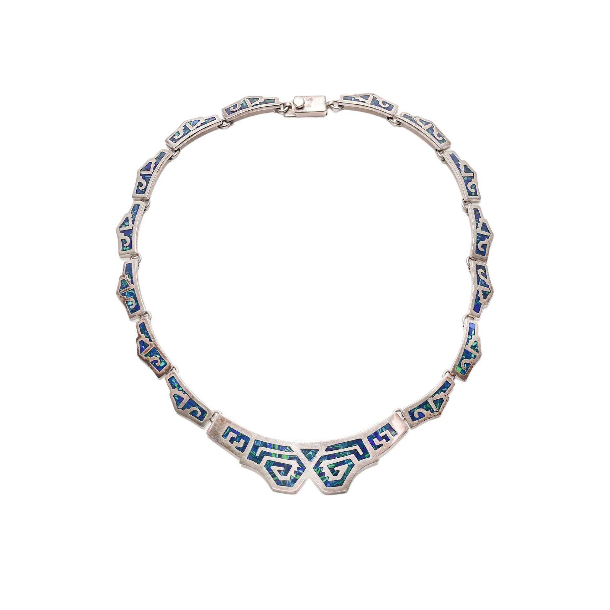 Modernist TAXCO sterling silver collar necklace with blue and green mosaic tribal inlay design, measuring 17.5 inches in length, displayed on a white background.