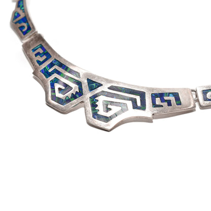 Modernist TAXCO sterling silver collar necklace with blue and green mosaic tribal inlay design, 17.5 inches long, displayed against a white background.