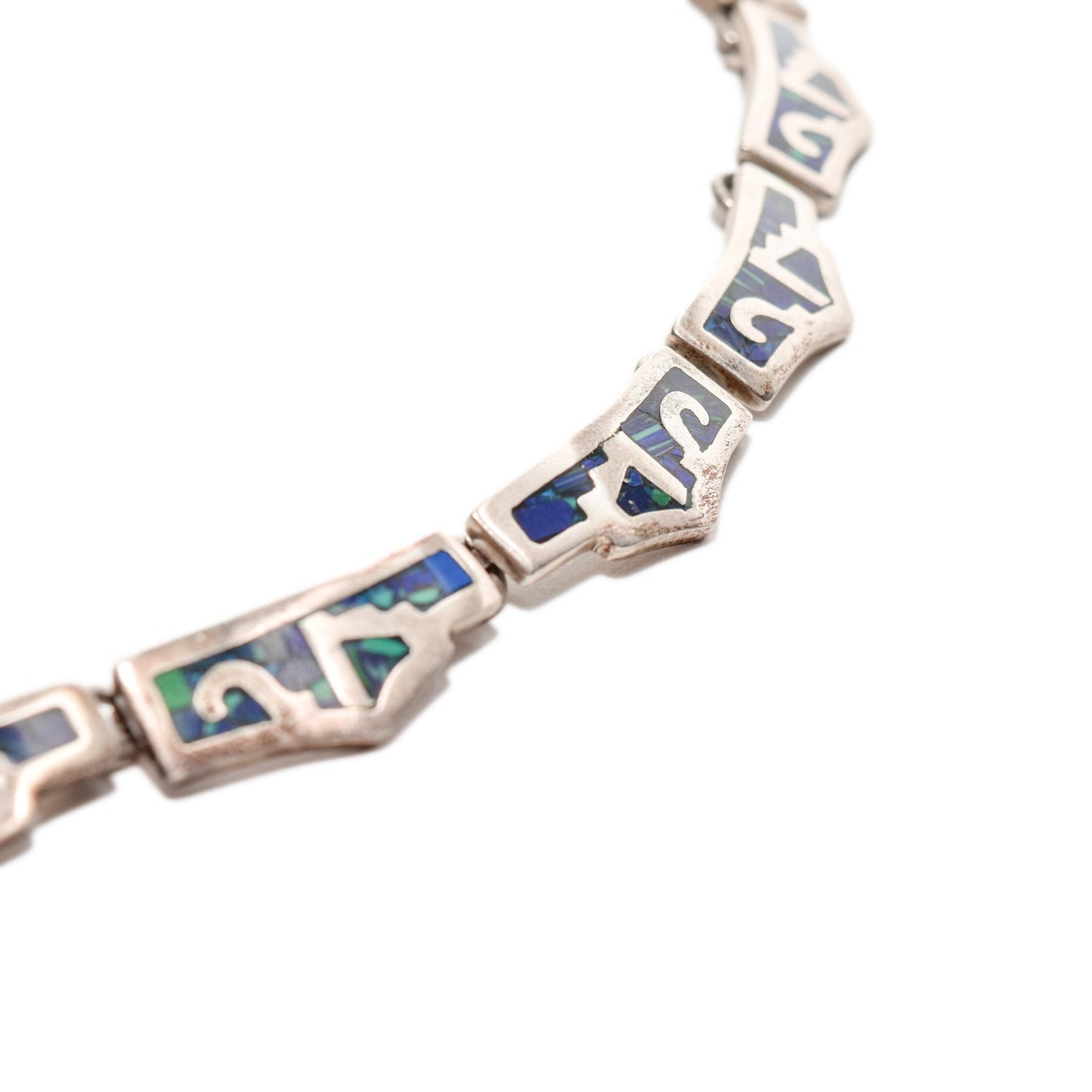 Modernist TAXCO sterling silver collar necklace with blue and green mosaic tribal design, 17.5 inches in length against a white background.