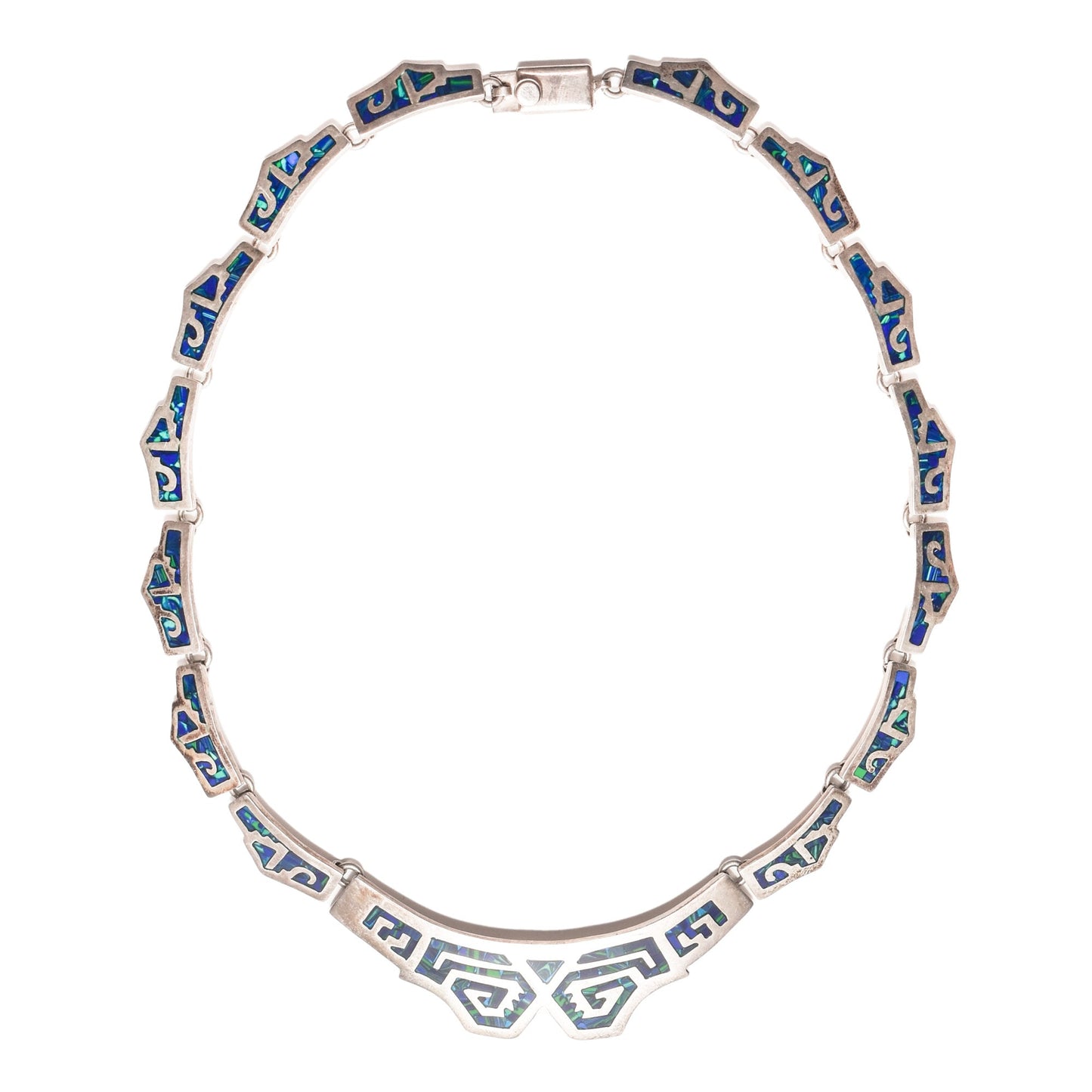 Modernist TAXCO sterling silver collar necklace with blue and green mosaic tribal design on a white background, 17.5 inches in length