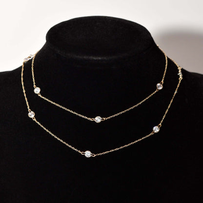 CZ Diamond Station Necklace In 14K Yellow Gold, Bezel Strand Loose Rope Chain, Estate Jewelry, 24" L