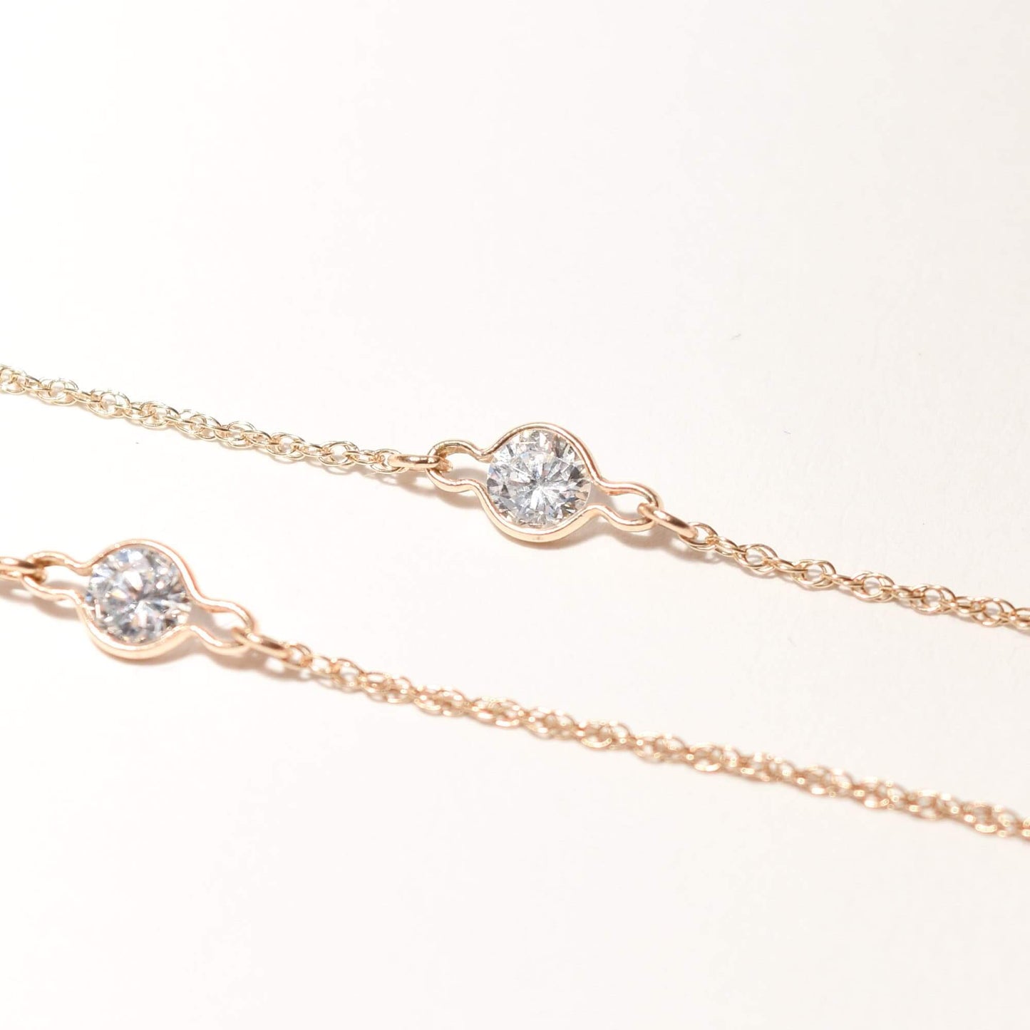 CZ Diamond Station Necklace In 14K Yellow Gold, Bezel Strand Loose Rope Chain, Estate Jewelry, 24" L