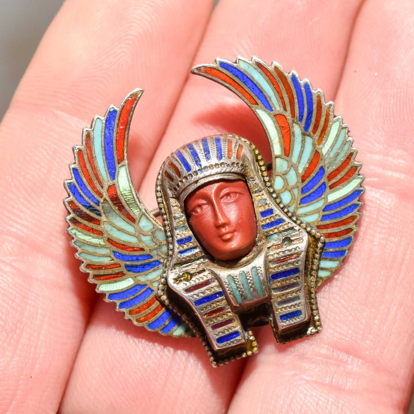 Egyptian Revival Enamel Brooch Pin, Colorful Winged Pharaoh Pin, Vintage Jewelry, 1.25"