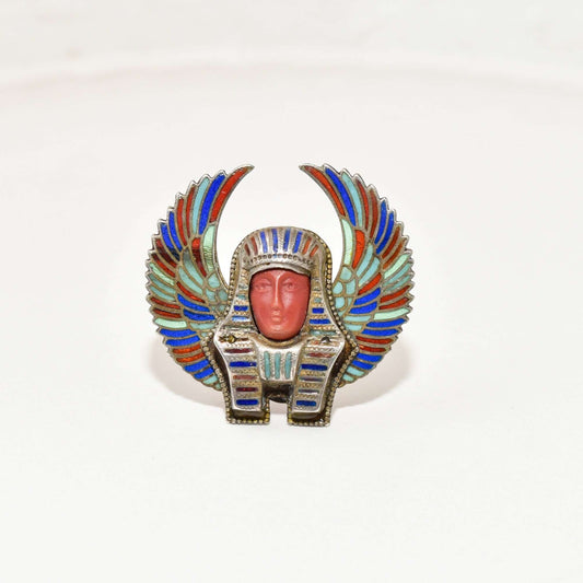 Egyptian Revival Enamel Brooch Pin, Colorful Winged Pharaoh Pin, Vintage Jewelry, 1.25"