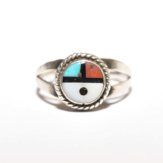 Sterling silver Little Zuni Sun Face ring with colorful inlay, Native American jewelry, size 5.25 US, showcased as a stacking ring on a white background