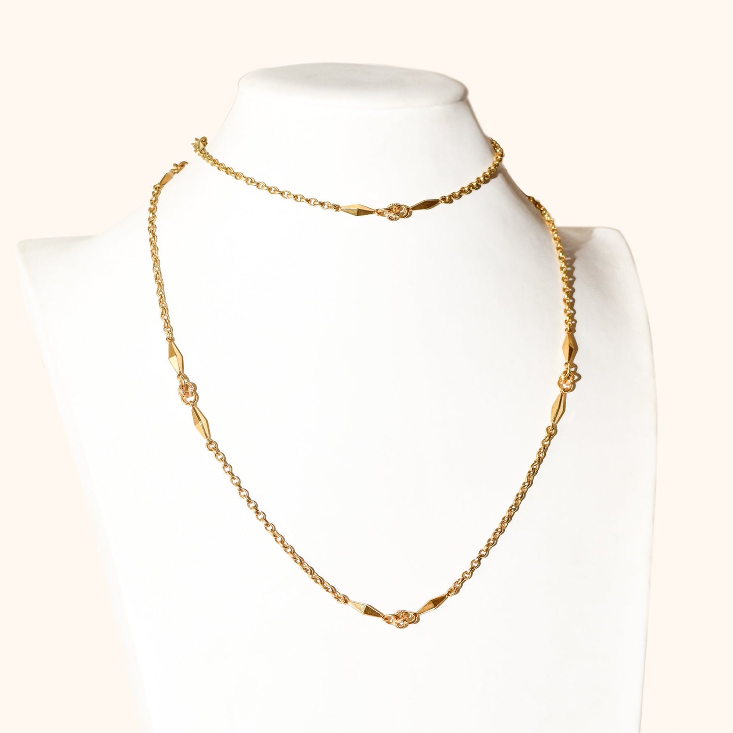 MCM 18K Yellow Gold Chain Link Opera Necklace, Geometric Beads, Estate Jewelry, 34.57" L