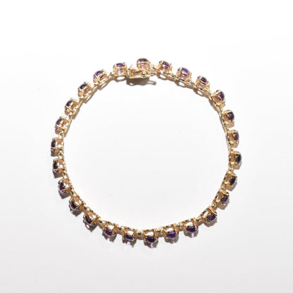 Modernist 14K Amethyst Cabochon Tennis Bracelet In Yellow Gold, Estate Jewelry, 7" L