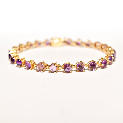 Modernist 14K Amethyst Cabochon Tennis Bracelet In Yellow Gold, Estate Jewelry, 7" L