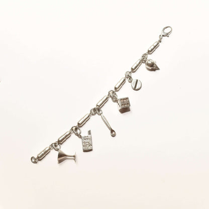 Damien Hirst Style Sterling Silver Pill Link "Vices" Charm Bracelet, Estate Jewelry, 8.25"