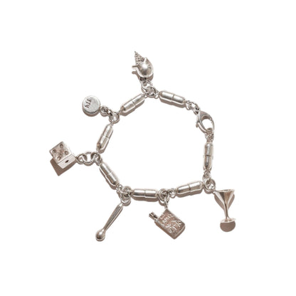 Damien Hirst Style Sterling Silver Pill Link "Vices" Charm Bracelet, Estate Jewelry, 8.25"