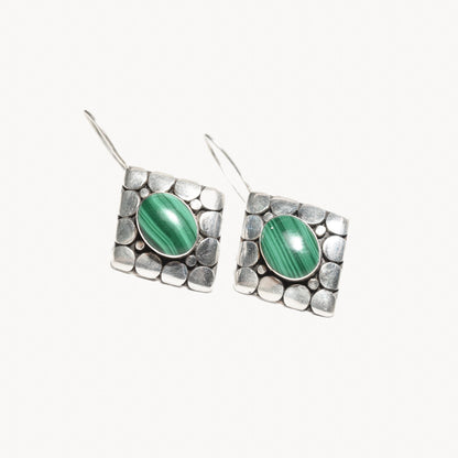 Modernist sterling silver malachite dangle earrings with cute gemstone design, 1.5 inch length on white background