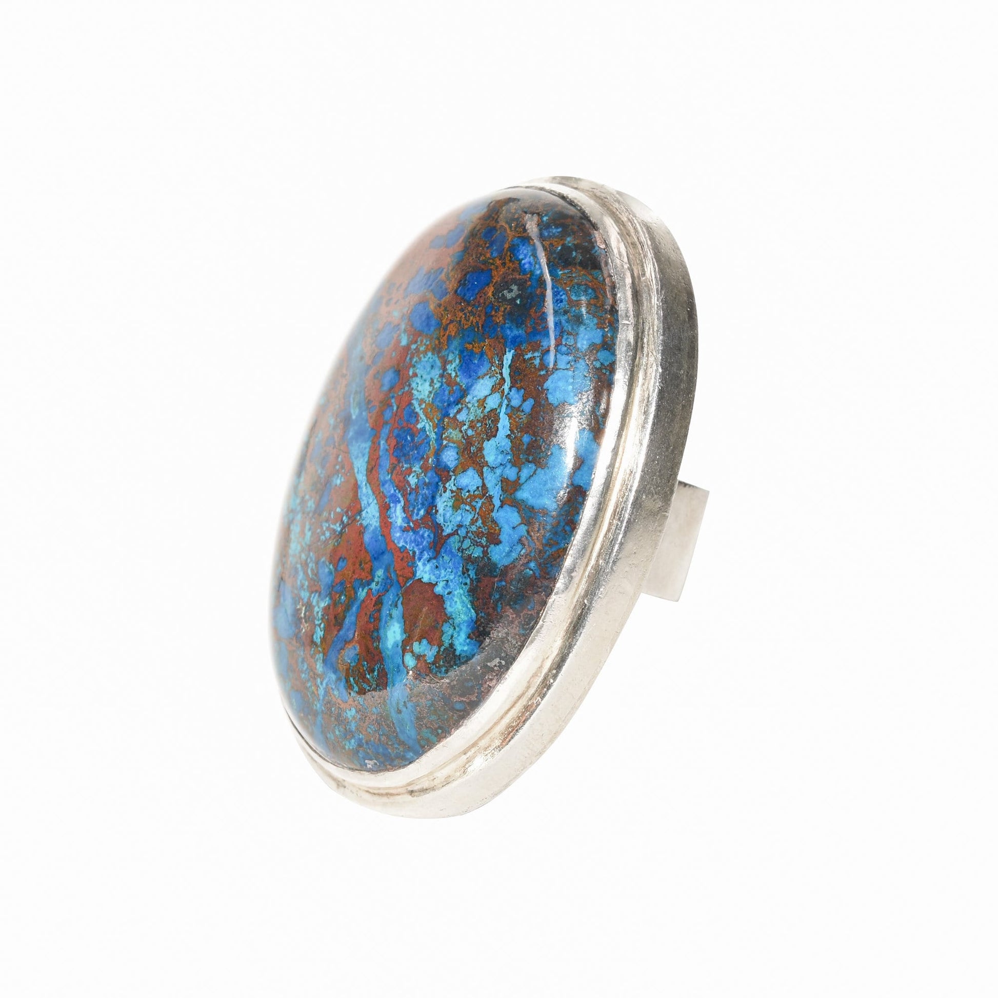 Sterling silver cabochon statement ring with chunky blue matrix gemstone, size 7 3/4 US on white background.