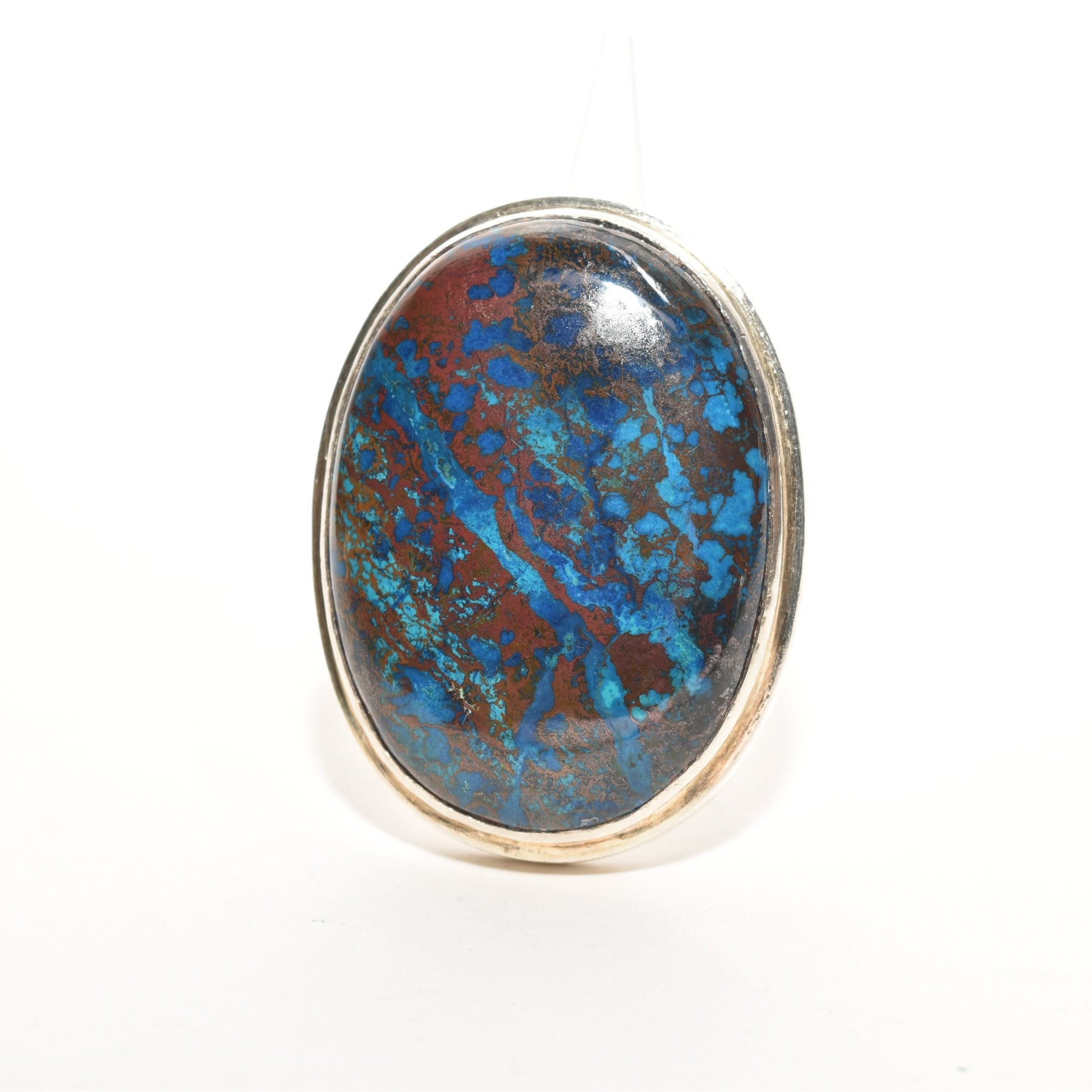 Sterling silver cabochon statement ring featuring a chunky blue matrix gemstone, size 7 3/4 US, on a white background.