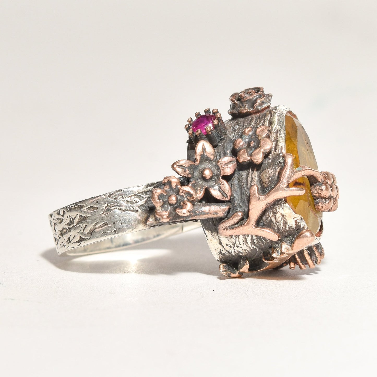 Brutalist Sterling Silver Citrine Ruby Flower Ring, Twotone Statement Ring, Size 6.25 US, showcasing textured band and floral design with gemstone accents.