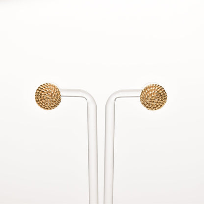 Tiffany & Co Schlumberger 18K gold woven button stud earrings on display, coiled rope design, luxury estate jewelry, 14.5mm diameter