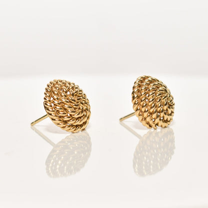 Tiffany & Co. Schlumberger 18K gold woven button stud earrings with coiled rope design, estate jewelry, 14.5mm, on white background with reflection