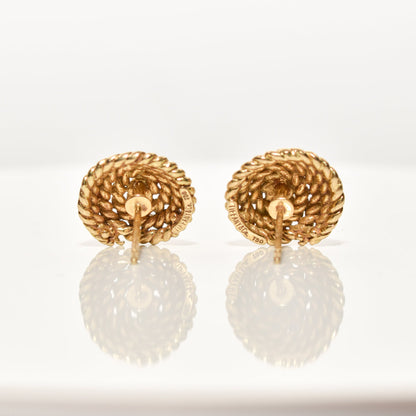 Tiffany & Co Schlumberger 18K gold woven button stud earrings, coiled rope design, estate jewelry, 14.5mm diameter, with reflective surface.
