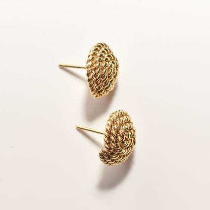 Tiffany & Co. Schlumberger 18K gold woven button stud earrings in coiled rope design, estate jewelry, 14.5mm on a white background.