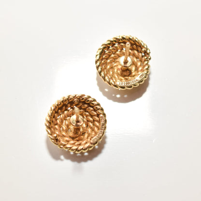 Gold Tiffany & Co Schlumberger 18K woven button stud earrings, coiled rope design, estate jewelry, 14.5mm, on white background