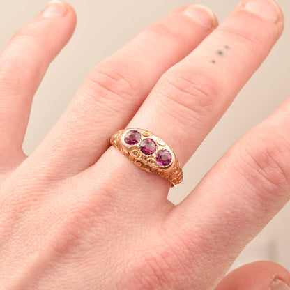Victorian Etruscan Pink Sapphire Three Stone Ring In 12K Gold, Engraved Floral Motifs, Size 8 3/4 US