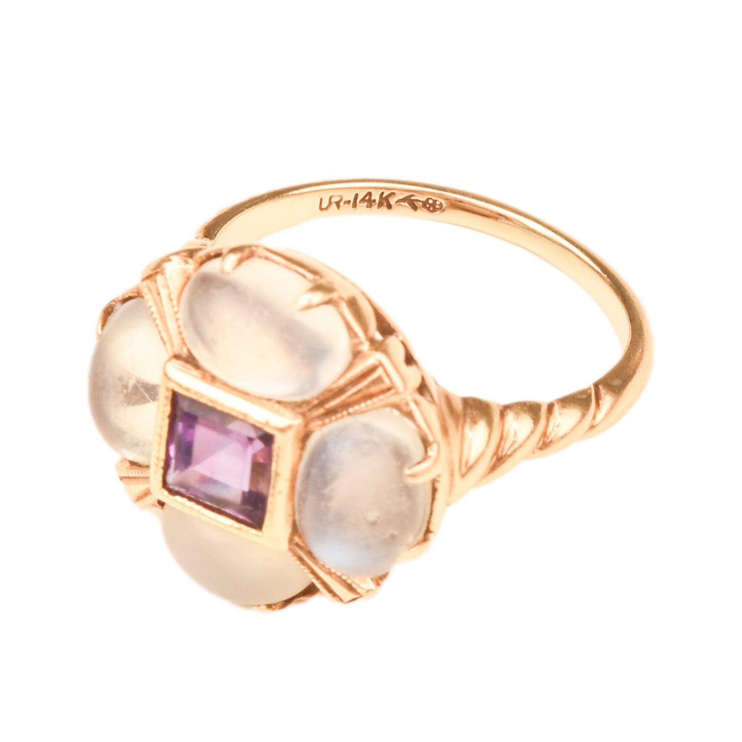 Moonstone Amethyst Flower Ring In 14K Yellow Gold, Estate Jewelry, Size 5 1/4 US