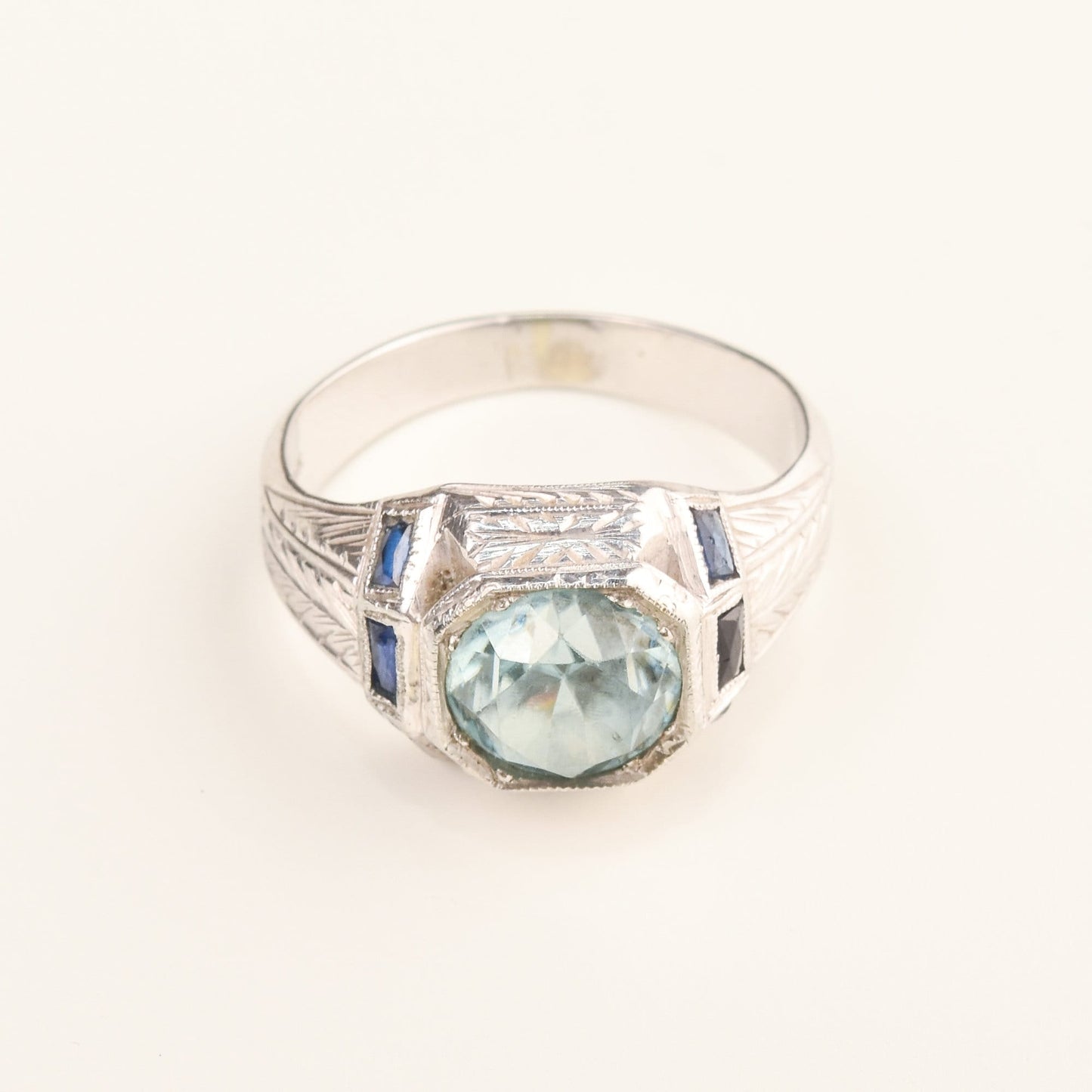 Men's 14K White Gold Aquamarine Sapphire Ring, Mid-Century, Estate Jewelry, Size 7 1/2 US