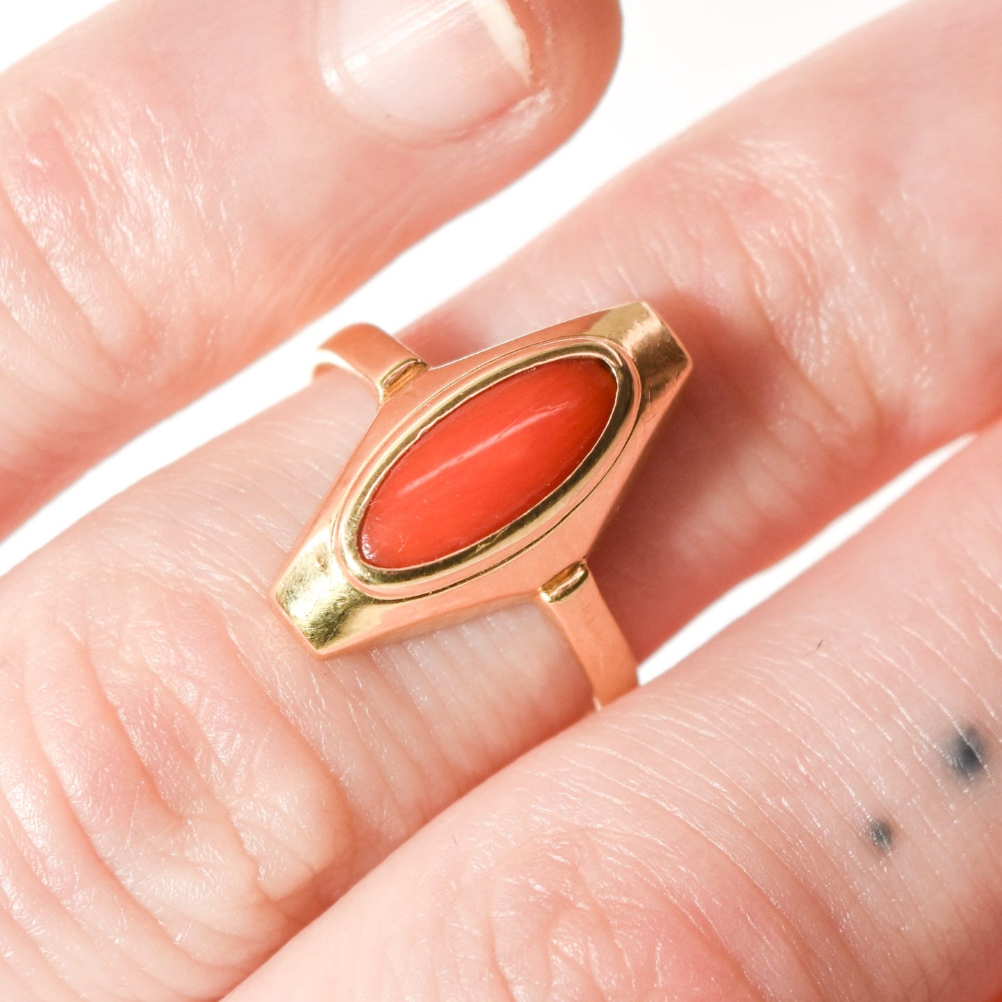 Estate 18K Coral Marquise Ring on Finger, Yellow Gold Red Coral Ring Size 5.25 US, Elegant Women's Jewelry