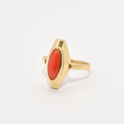Estate 18K yellow gold marquise ring featuring a red coral center, size 5.25 US, displayed on a white background