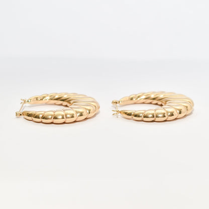 14K yellow gold MCM puffed scallop hoop earrings, medium-sized 36mm, estate jewelry on a white background.