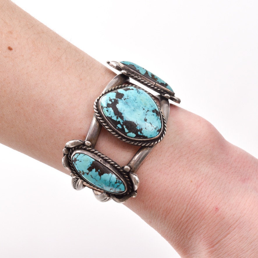 Native American Three Stone Turquoise Cuff Bracelet, Stamped Sterling Silver Cuff, 5.25" L