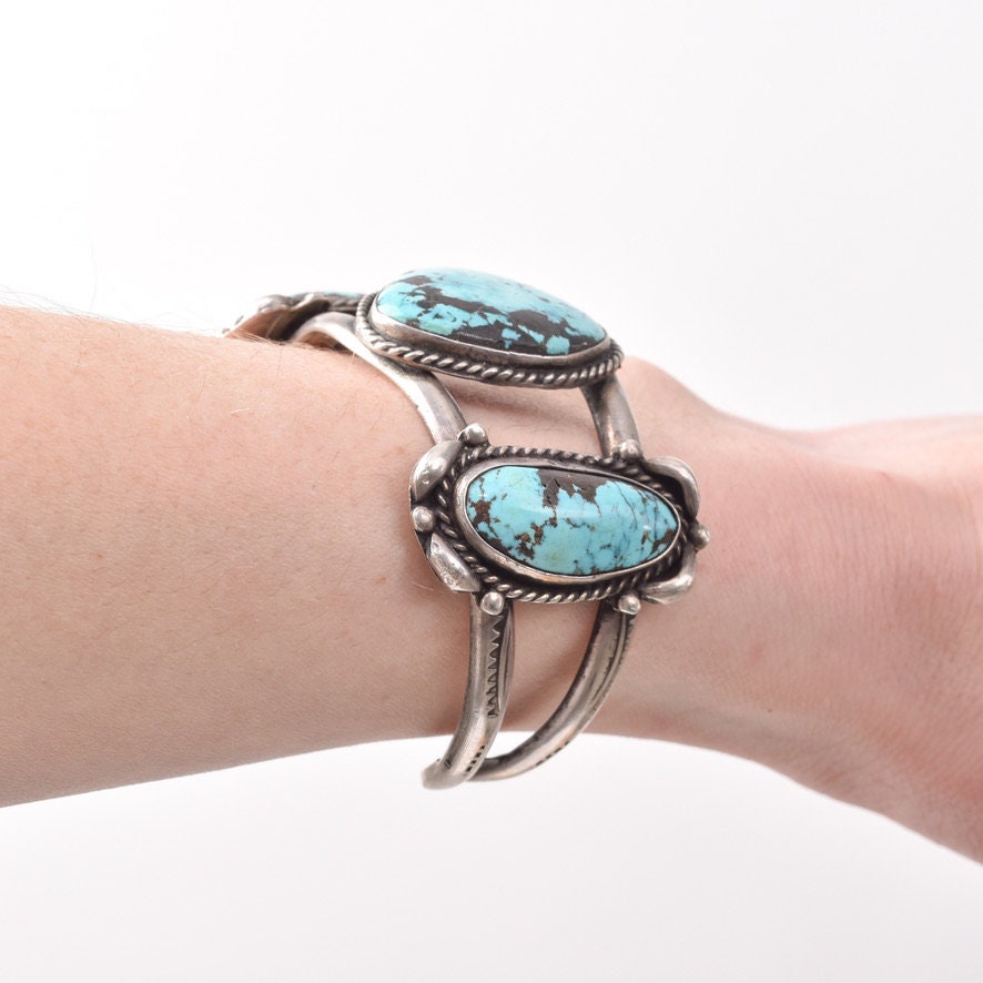 Native American Three Stone Turquoise Cuff Bracelet, Stamped Sterling Silver Cuff, 5.25" L