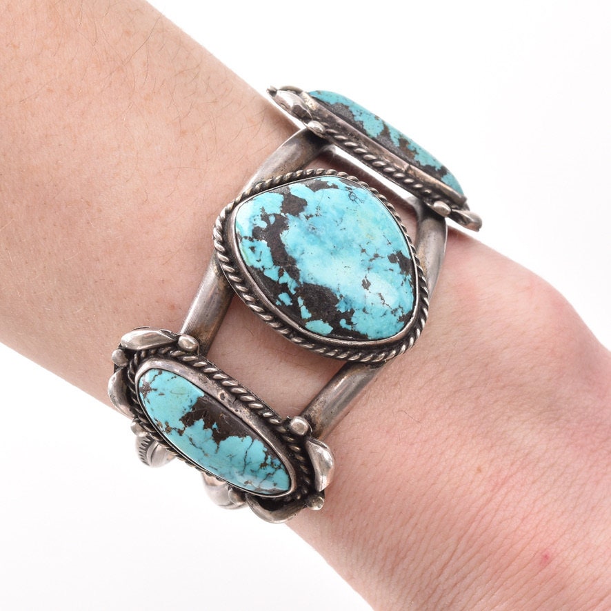 Native American Three Stone Turquoise Cuff Bracelet, Stamped Sterling Silver Cuff, 5.25" L