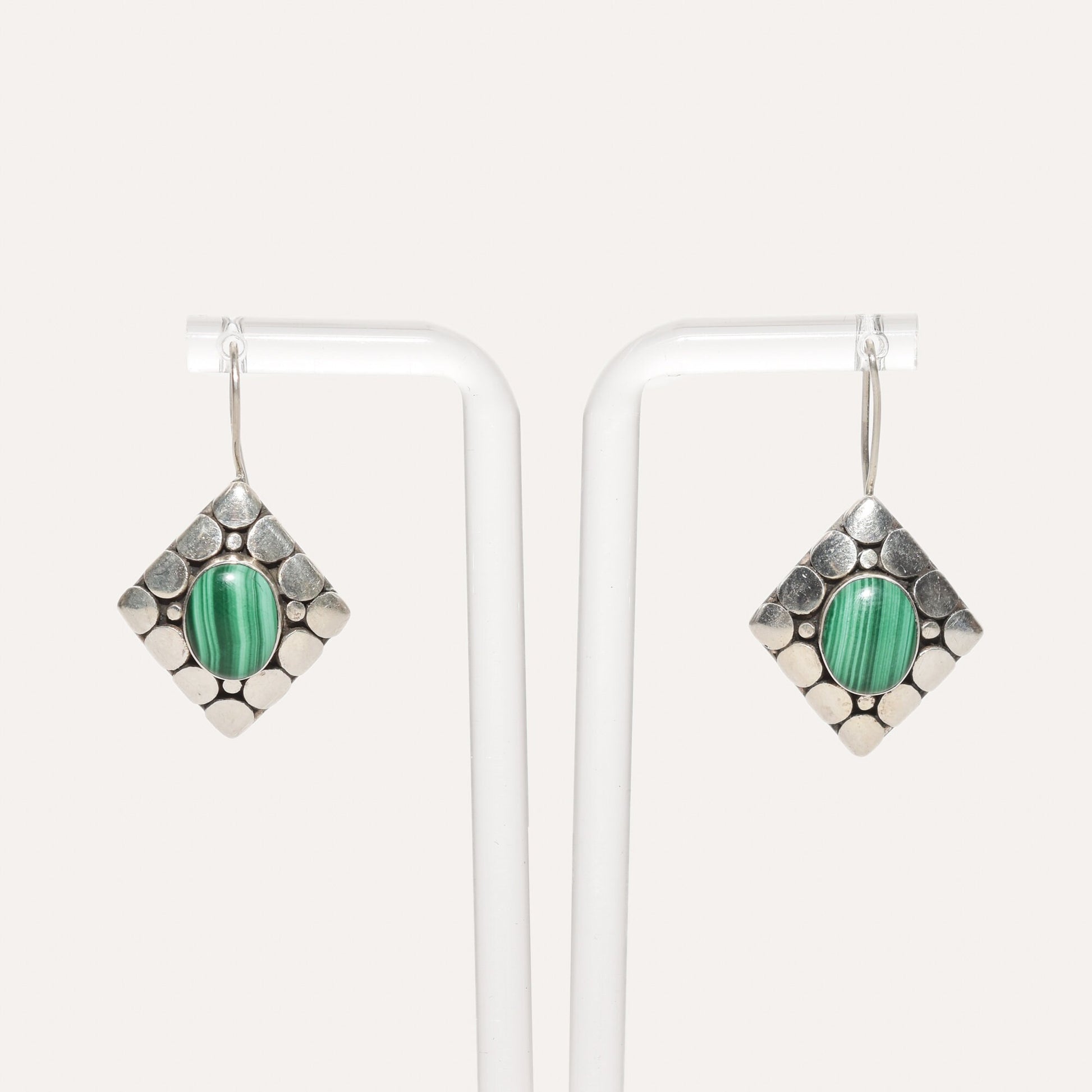 Modernist sterling silver malachite dangle earrings with cute gemstone design, 1.5 inch length, displayed against a white background.