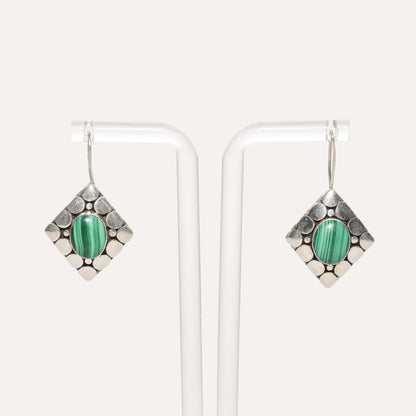 Modernist sterling silver malachite dangle earrings with cute gemstone design, 1.5 inch length, displayed against a white background.