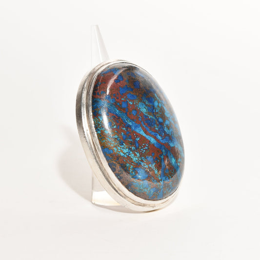 Huge sterling silver ring with blue matrix cabochon gemstone size 7 3/4 on white background