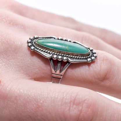 Native American sterling silver turquoise marquise ring size 8 US on finger showcasing Southwestern jewelry design.