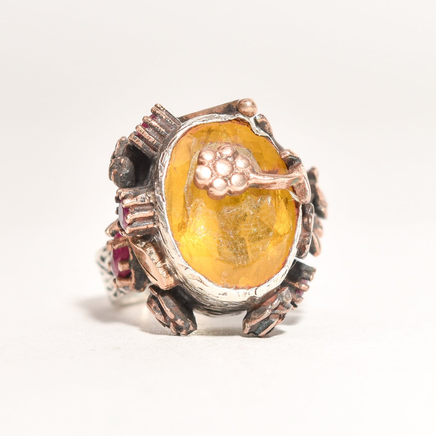 Brutalist sterling silver citrine and ruby flower ring, two-tone statement ring, size 6.25 US, displayed against a white background.
