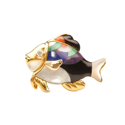 Modernist 14K Gemstone Inlay Fish Pin By Asch Grossbardt, Diamond Accent Eye, Fine Gold Jewelry, 26.5mm