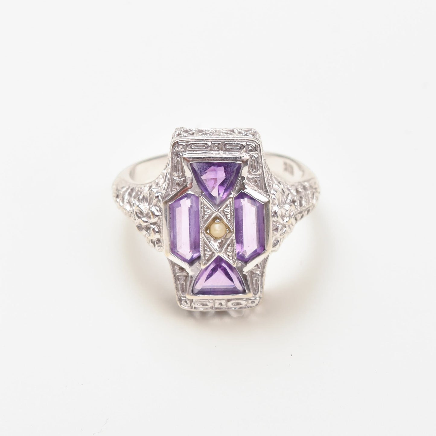Art Deco 4-Stone Amethyst Seed Pearl Filigree Ring In 10K White Gold, Antique Dinner Ring, Size 6 3/4 US