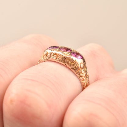 Victorian Etruscan Pink Sapphire Three Stone Ring In 12K Gold, Engraved Floral Motifs, Size 8 3/4 US