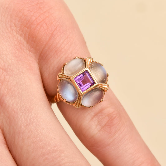 Moonstone Amethyst Flower Ring In 14K Yellow Gold, Estate Jewelry, Size 5 1/4 US