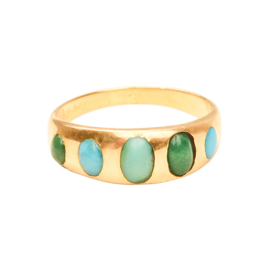 Victorian 5-Stone Turquoise Gypsy Ring In 18K Yellow Gold, Antique Jewelry, Size 5 US