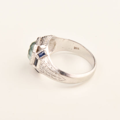 Men's 14K White Gold Aquamarine Sapphire Ring, Mid-Century, Estate Jewelry, Size 7 1/2 US
